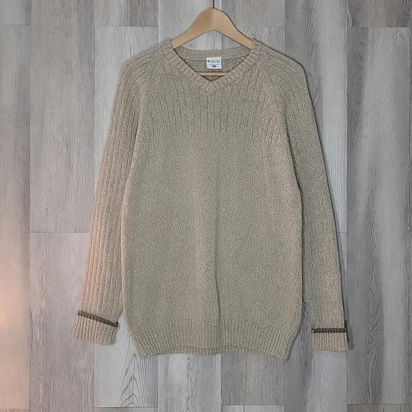🛍Columbia Mens M Tan Chunky Knit Long‎ Sleeve V Neck Sweater Outdoors Casual - Picture 1 of 7